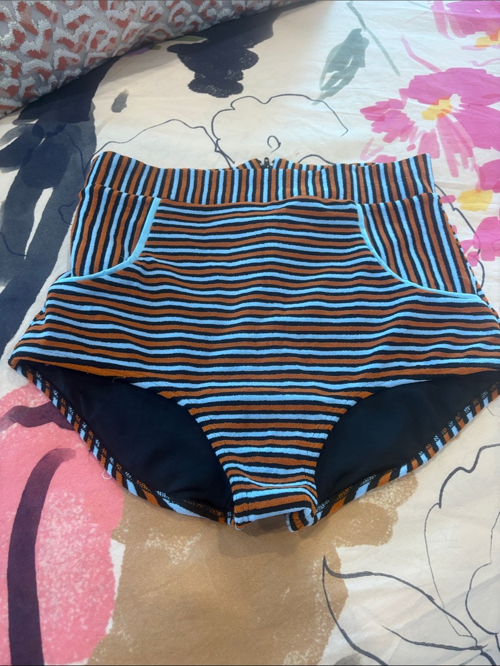 Seea High-Waist Striped Swim Bottoms in Blue & Brown